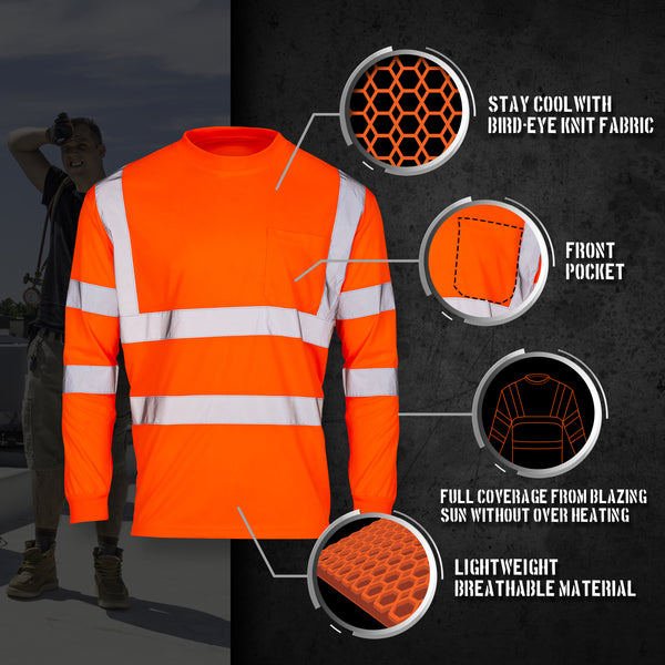 SuNi Apparel High Visibility Reflective Long Sleeve Safety Work Shirts with Pocket for Men (3 pack)